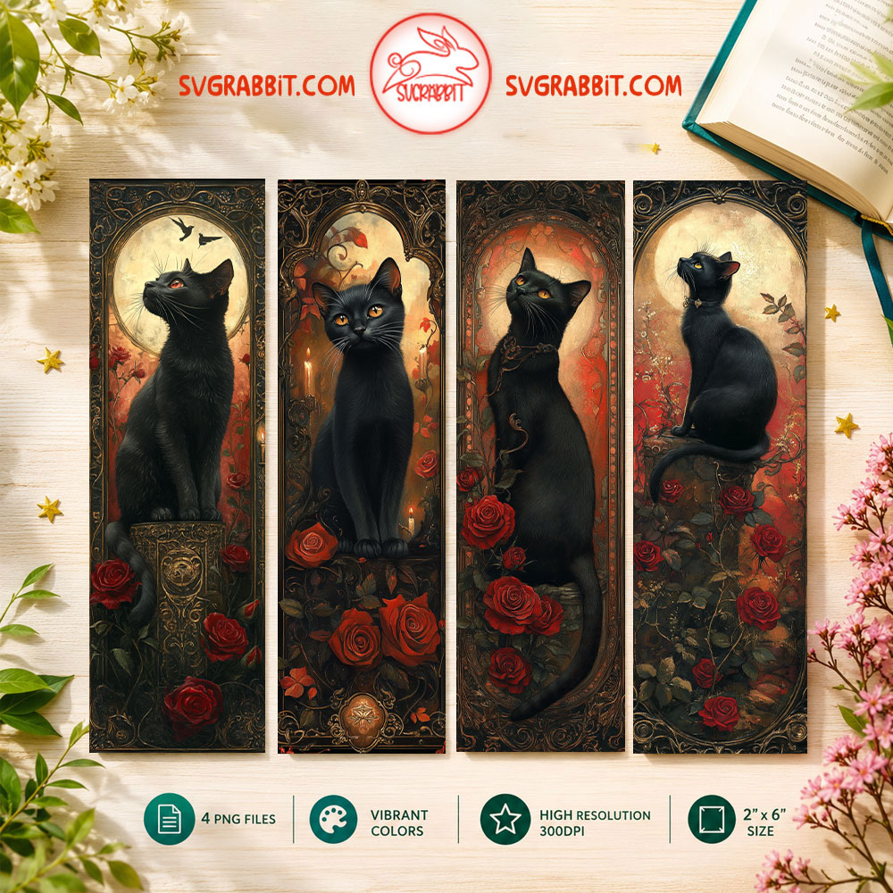 Black Cat and Rose Bookmark Set Printable Gift 4 PNG bookmark designs 300 DPI for cat lovers book lovers floral stationery reading gifts and DIY crafts