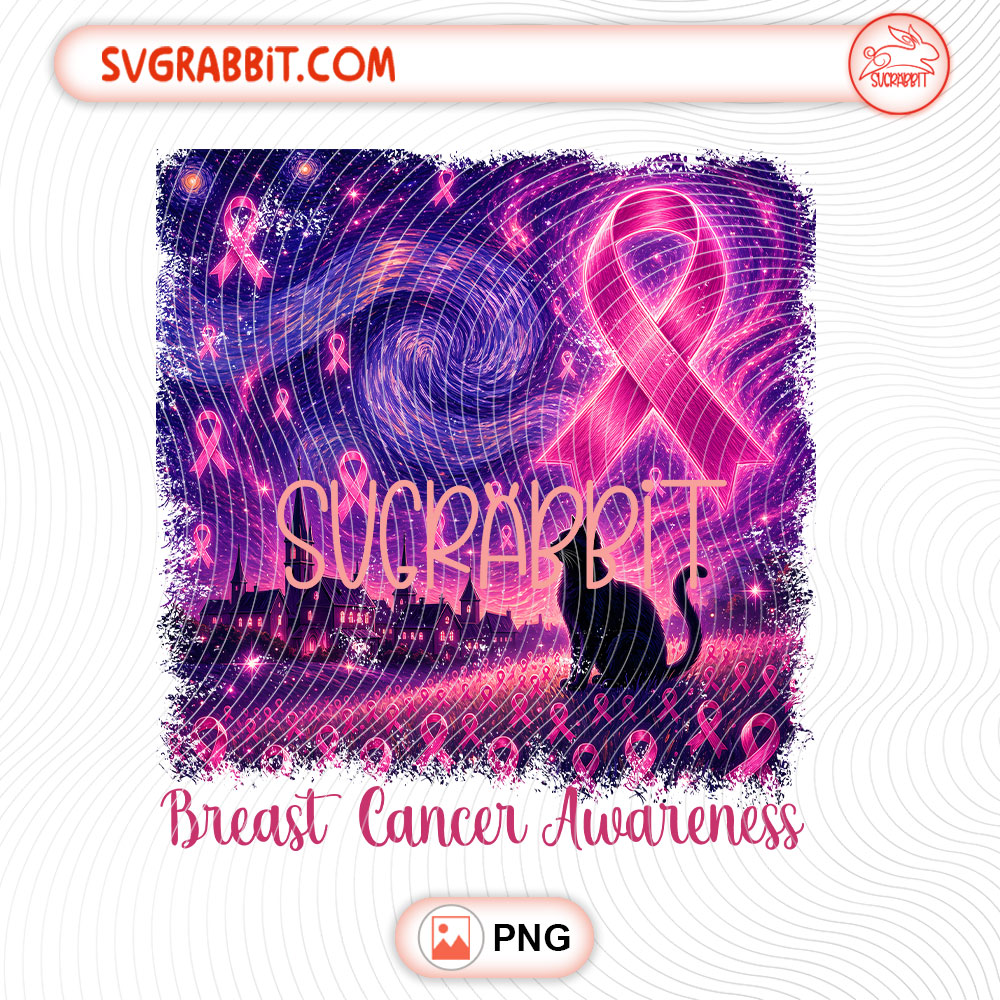 Breast Cancer Awareness Cat Starry Night PNG Black Cat PNG 300 DPI awareness cat design for shirts mugs tumblers stickers support gifts and cat lover crafts