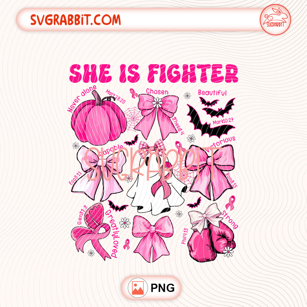 Breast Cancer Awareness Preppy She is a Fighter PNG 300 DPI transparent background for shirts mugs tumblers stickers decals survivor gifts and awareness crafts