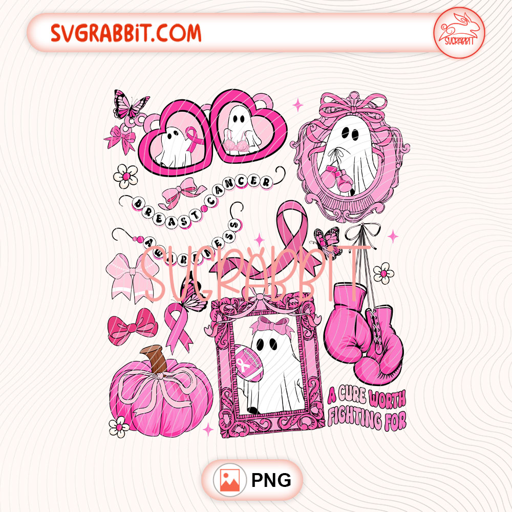 Breast Cancer Awareness Spooky Halloween PNG Pink Ribbon PNG 300 DPI transparent background for shirts mugs tumblers stickers decals awareness gifts and Halloween crafts