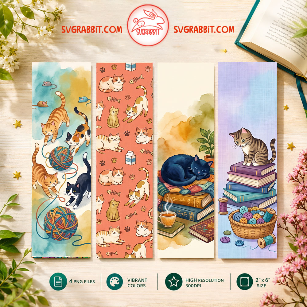 Cat Lover Bookmark Design Set Cute Printable Gifts PNG
