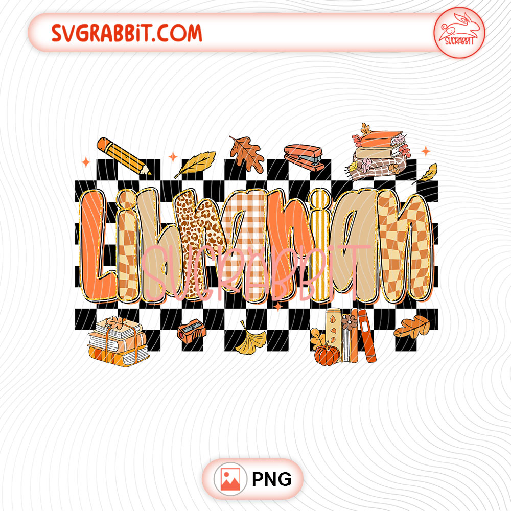 Checkered Librarian Fall Thanksgiving PNG 300 DPI transparent background for librarian shirts mugs tumblers stickers book lover gifts and DIY crafts