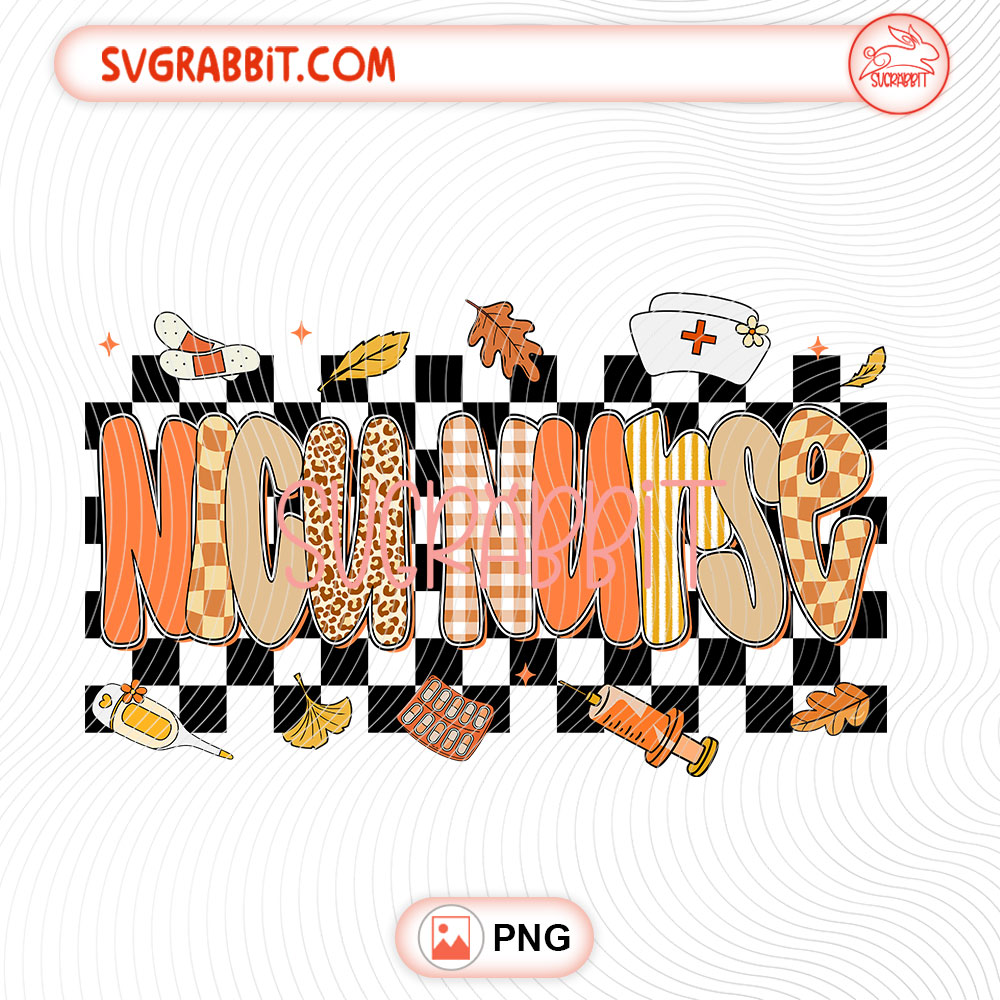 Checkered NICU Nurse Fall Thanksgiving PNG 300 DPI transparent background for NICU nurse shirts mugs tumblers badge reels stickers and DIY crafts