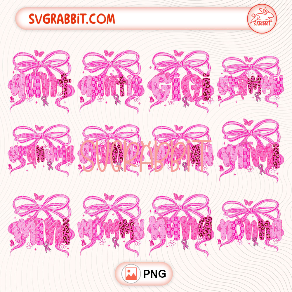 Coquette Bow Pink Breast Cancer Family PNG Bundle 300 DPI transparent background for shirts mugs tumblers stickers decals awareness gifts and family support crafts