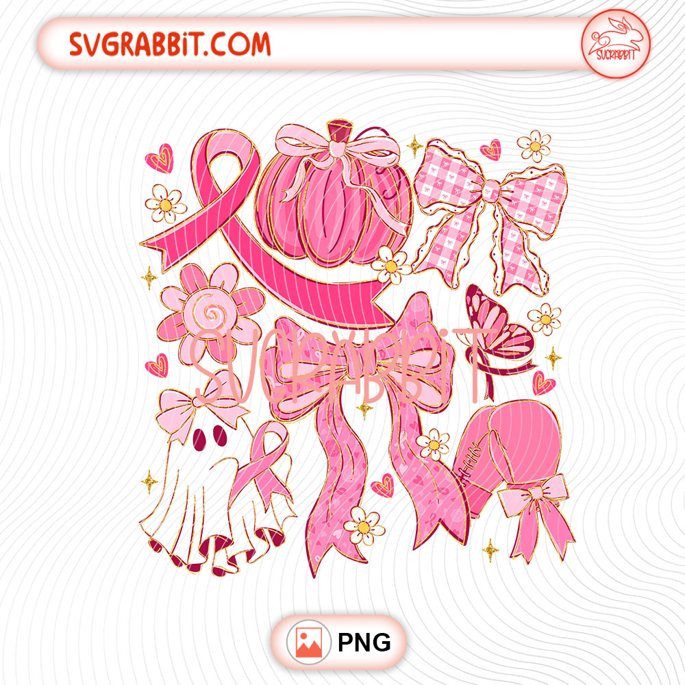 Coquette Bow Pink Ghost PNG Breast Cancer Awareness PNG 300 DPI cute pink ghost awareness design for shirts mugs tumblers stickers support gifts and Halloween crafts