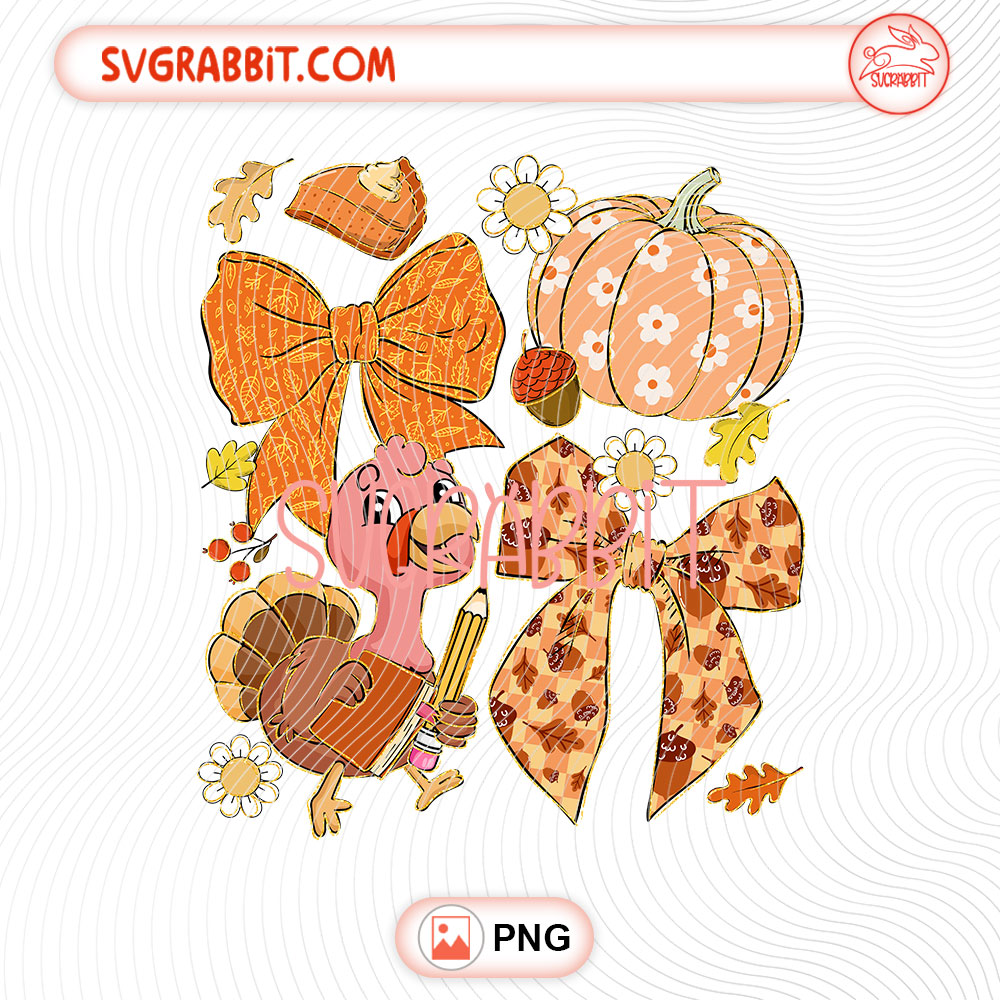 Coquette Bow Pumpkin Teacher Turkey Thanksgiving PNG 300 DPI cute teacher design for shirts mugs tumblers stickers teacher gifts and Thanksgiving gifts