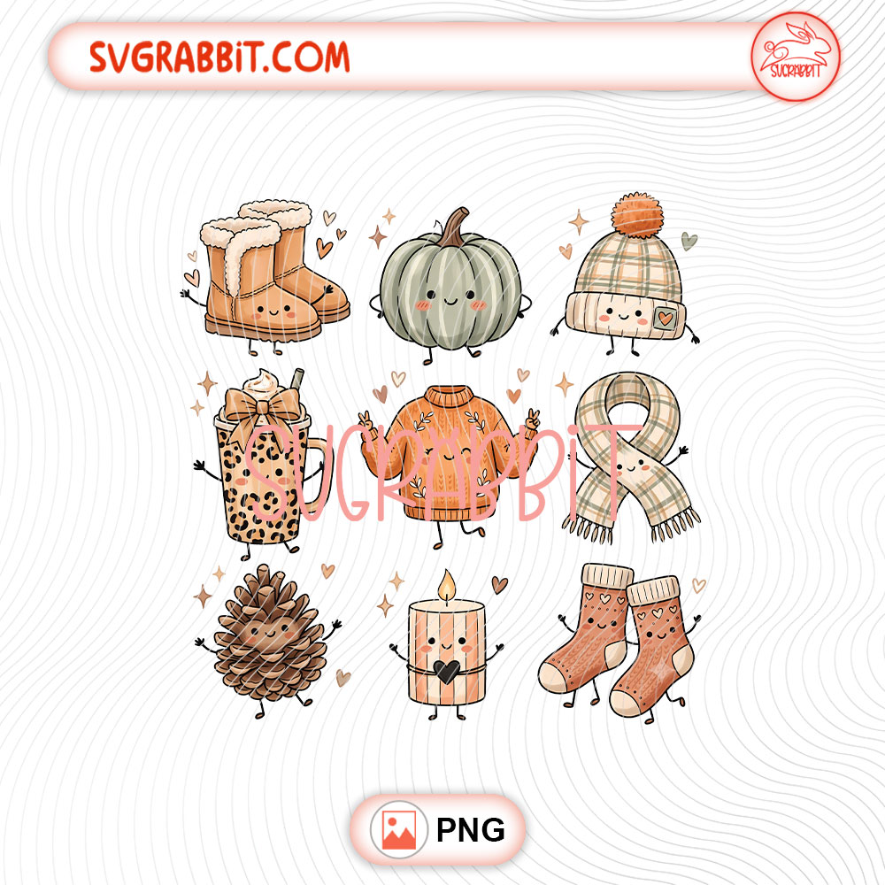 Cozy Autumn Fall Doodles Characters PNG Autumn Fall PNG 300 DPI cute autumn design for shirts mugs tumblers stickers Thanksgiving gifts and fall crafts