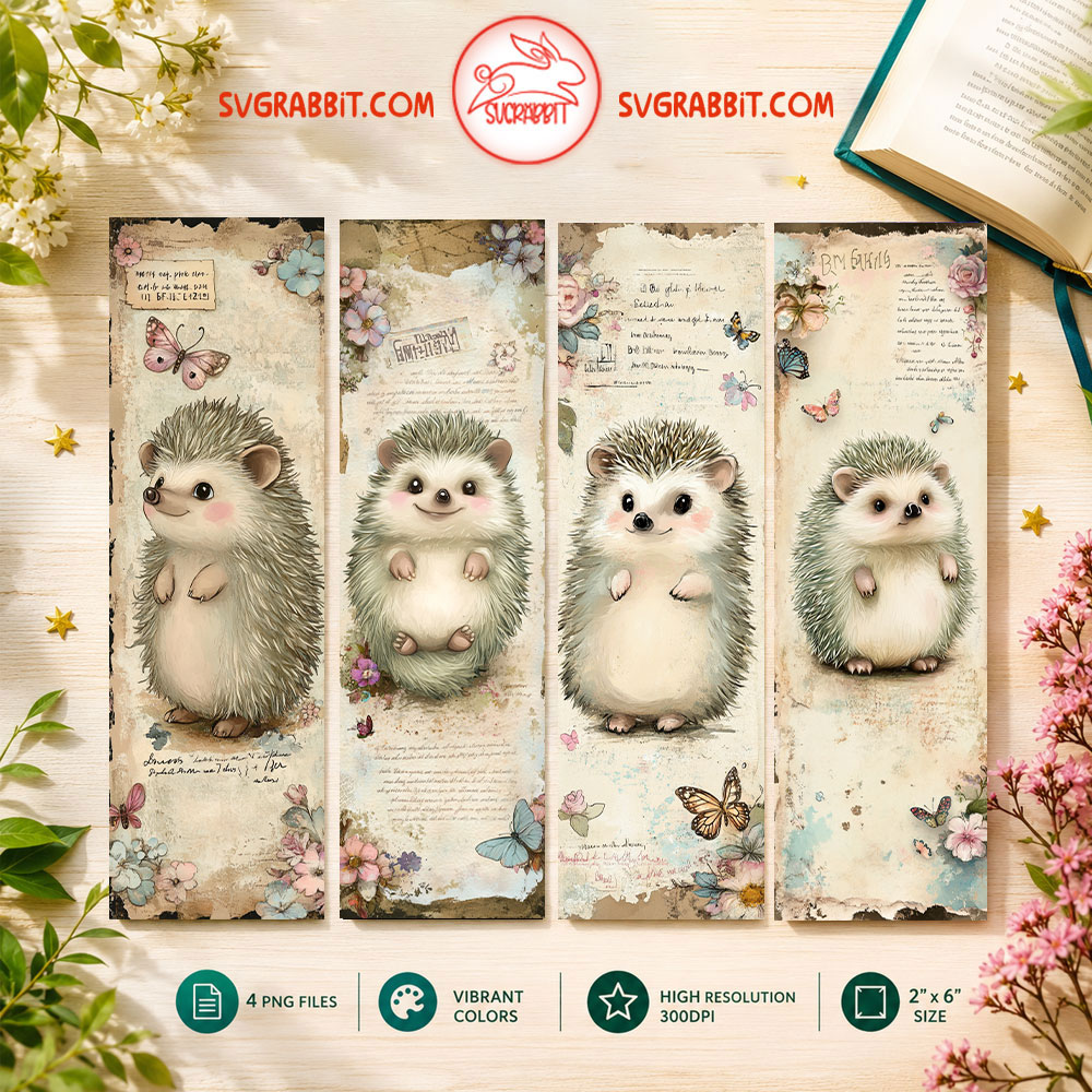 Cute Hedgehog Bookmark Set Printable Reading Gift 4 PNG bookmark designs 300 DPI for hedgehog lovers book lovers classroom rewards and DIY crafts
