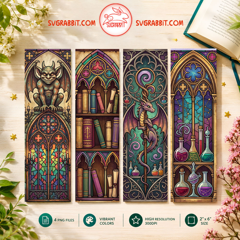 Dark Gothic Bookmark Bundle printable reading gifts 4 PNG bookmark files 300 DPI with stained glass fantasy gothic designs for book lovers