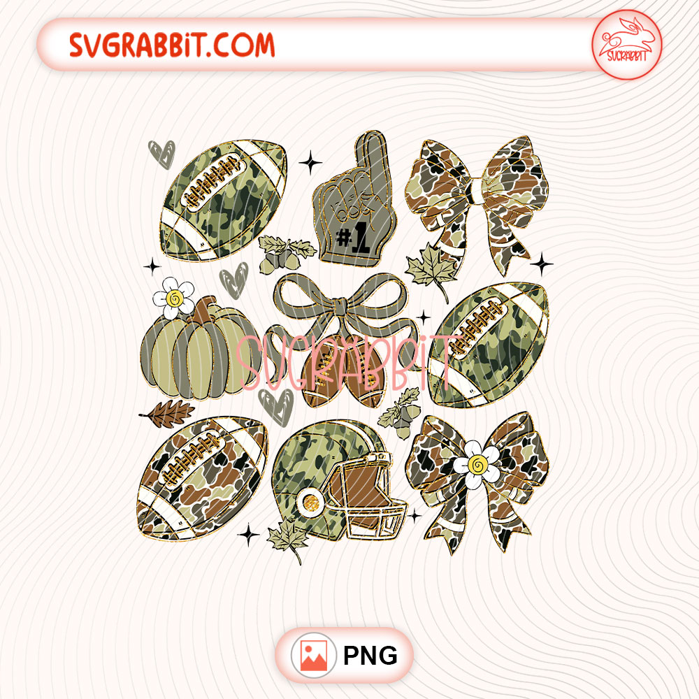 Fall Football Coquette Bow Camo Hunting Season PNG 300 DPI transparent background for shirts mugs tumblers stickers decals football mom gifts and fall crafts