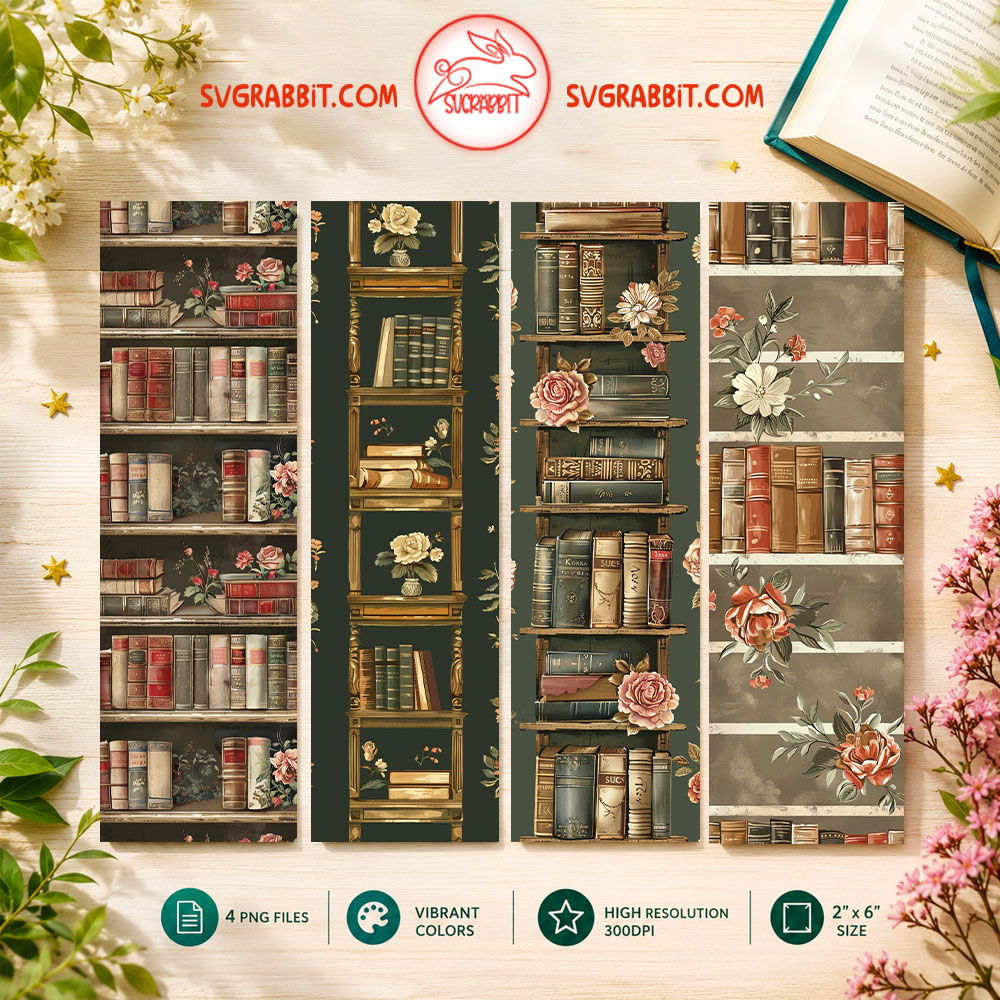 Floral Bookshelf Hand-Drawn Bookmark Set Printable Gift 4 PNG bookmark designs 300 DPI for book lovers teachers students reading gifts and DIY crafts