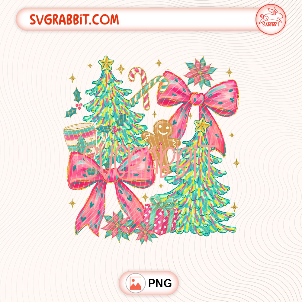 Floral Preppy Christmas Tree Bow PNG Merry and Bright PNG 300 DPI transparent background for shirts mugs tumblers stickers decals Christmas gifts and DIY crafts