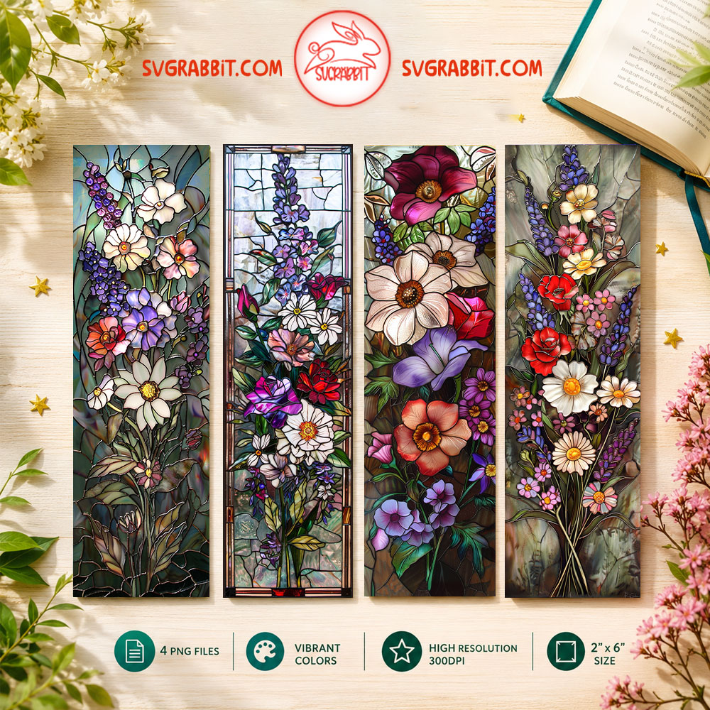 Floral Stained Glass Bookmark Bundle printable gift 4 PNG bookmark files with elegant floral stained glass designs for readers and stationery lovers
