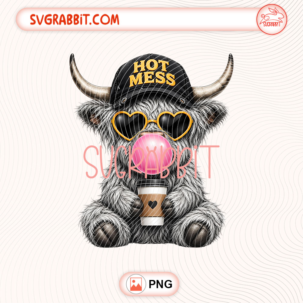 Funny Hot Mess Highland Cow Coffee PNG Highland Cow PNG 300 DPI transparent background for shirts mugs tumblers stickers decals coffee lover gifts and cow crafts
