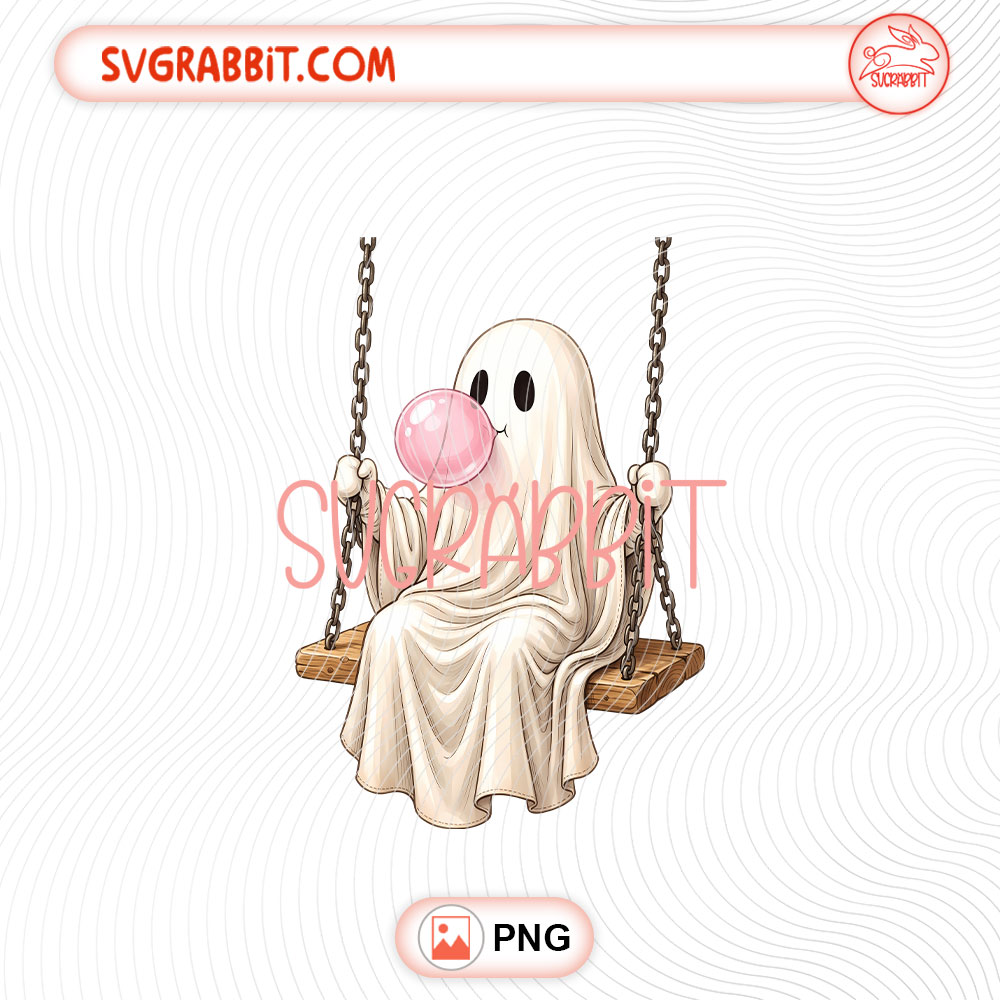 Ghost on Swing PNG Girly Spooky Season PNG Cute Ghost PNG 300 DPI transparent background for shirts mugs tumblers stickers decals Halloween gifts and spooky season crafts