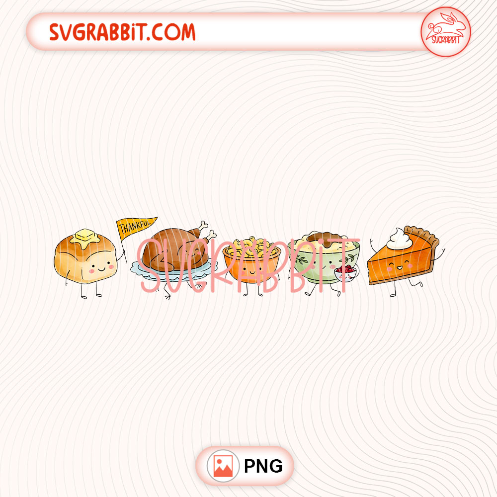 Happy Thanksgiving Doodles PNG Cute Food Characters PNG 300 DPI transparent background for shirts mugs tumblers stickers decals Thanksgiving gifts and fall crafts