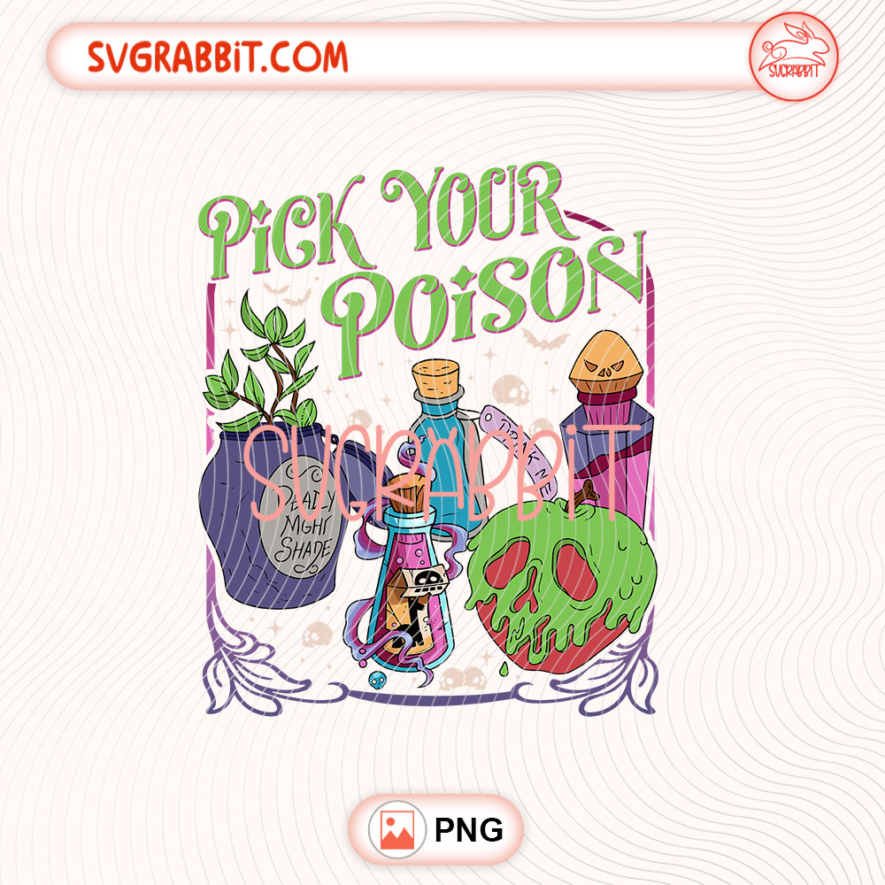 Pick Your Poison Vintage Villain Cartoon PNG Halloween PNG 300 DPI transparent background for shirts mugs tumblers stickers decals Halloween gifts and spooky crafts