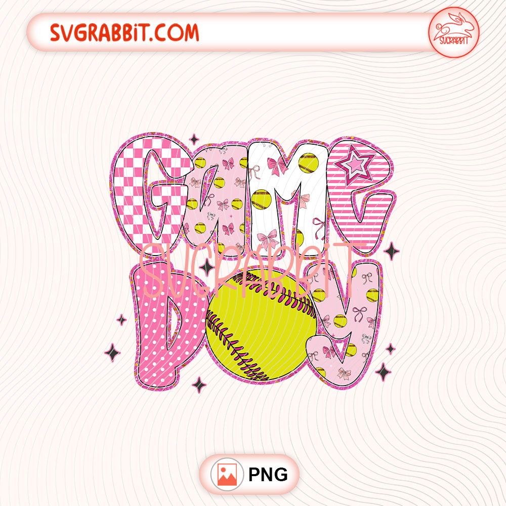 Pink Game Day Softball PNG Retro Softball Game Day PNG 300 DPI transparent background for shirts mugs tumblers stickers decals softball gifts and sports crafts
