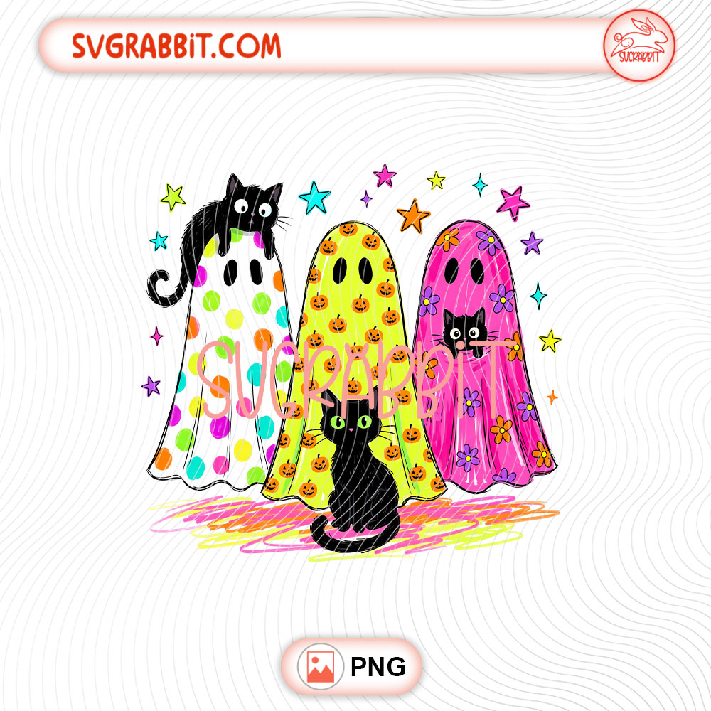 Preppy Halloween Ghost and Cat PNG Colorful Leopard Ghost PNG 300 DPI cute Halloween design for shirts mugs tumblers stickers cat lover gifts and spooky crafts