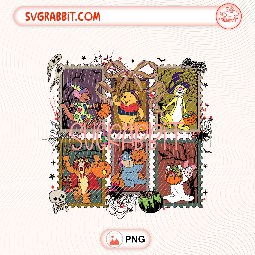 Retro Halloween Cartoon Pooh Bear And Friends Character PNG 300 DPI transparent background for shirts mugs tumblers stickers decals Halloween crafts and retro spooky gifts