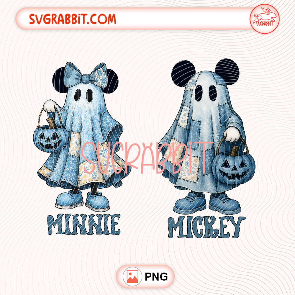 Spooky Mickey Minnie Halloween Floral Denim Style PNG 300 DPI transparent background for shirts mugs tumblers stickers decals Halloween gifts and floral spooky crafts