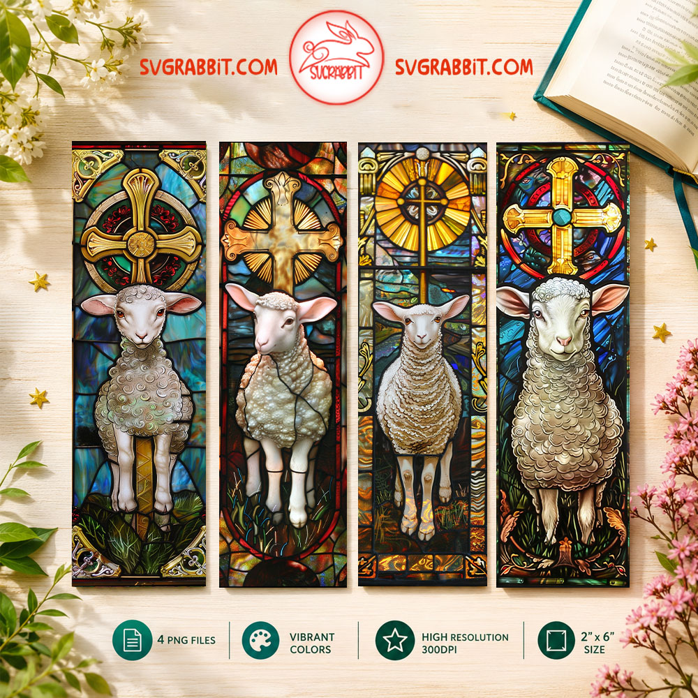 Stained Glass Sacred Lamb Bookmark Set Printable Gift 4 PNG bookmark designs 300 DPI for Christian gifts Bible study church bookmarks and DIY crafts