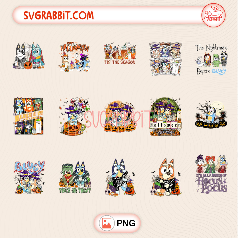 Bluey Happy Halloween PNG Bundle Bluey Halloween PNG 300 DPI transparent background for Halloween shirts mugs tumblers stickers decals spooky season gifts and kids party crafts