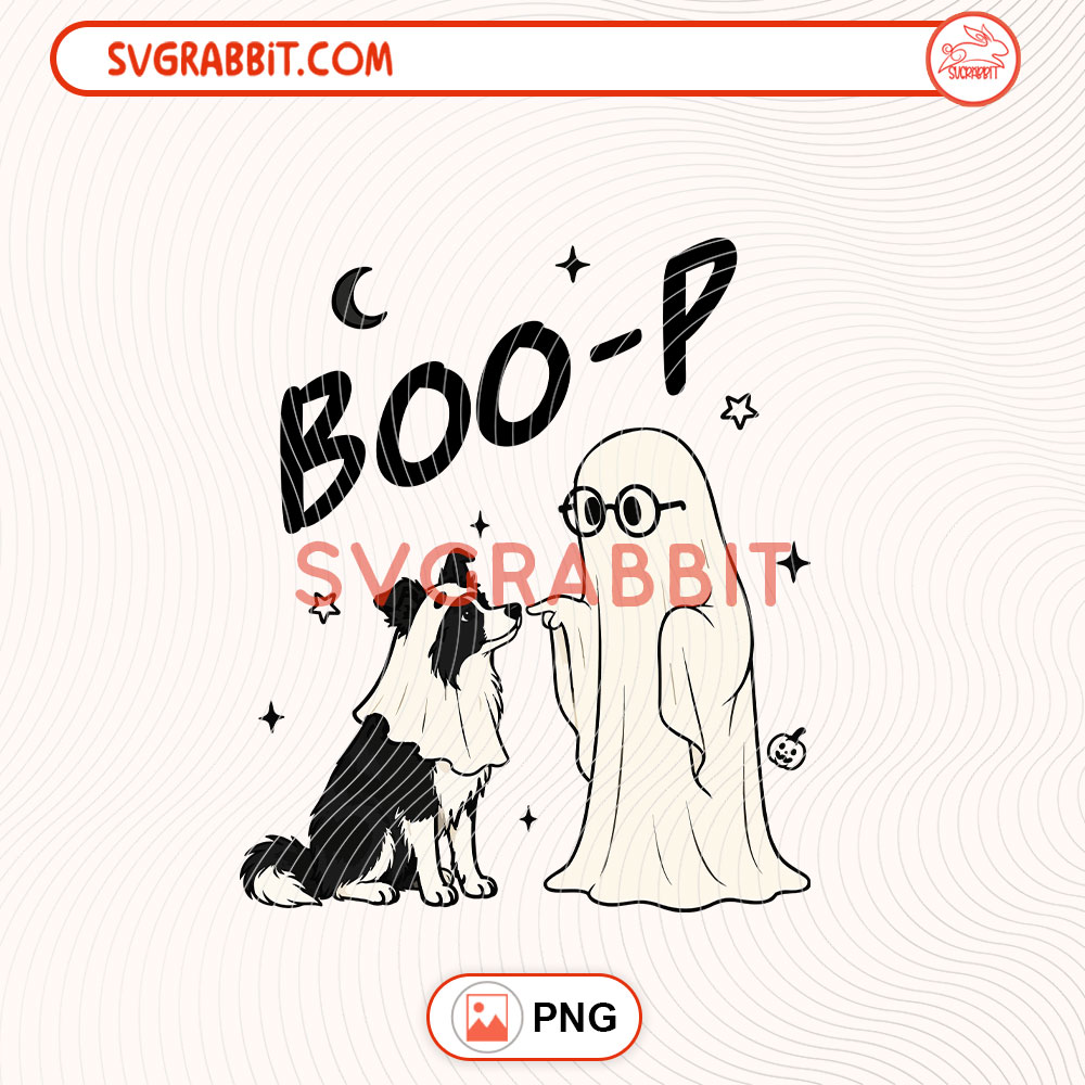 Boo-P Ghost Border Collie PNG Boo-P Halloween Dog PNG 300 DPI transparent background for shirts mugs tumblers stickers decals Halloween gifts and dog lover crafts