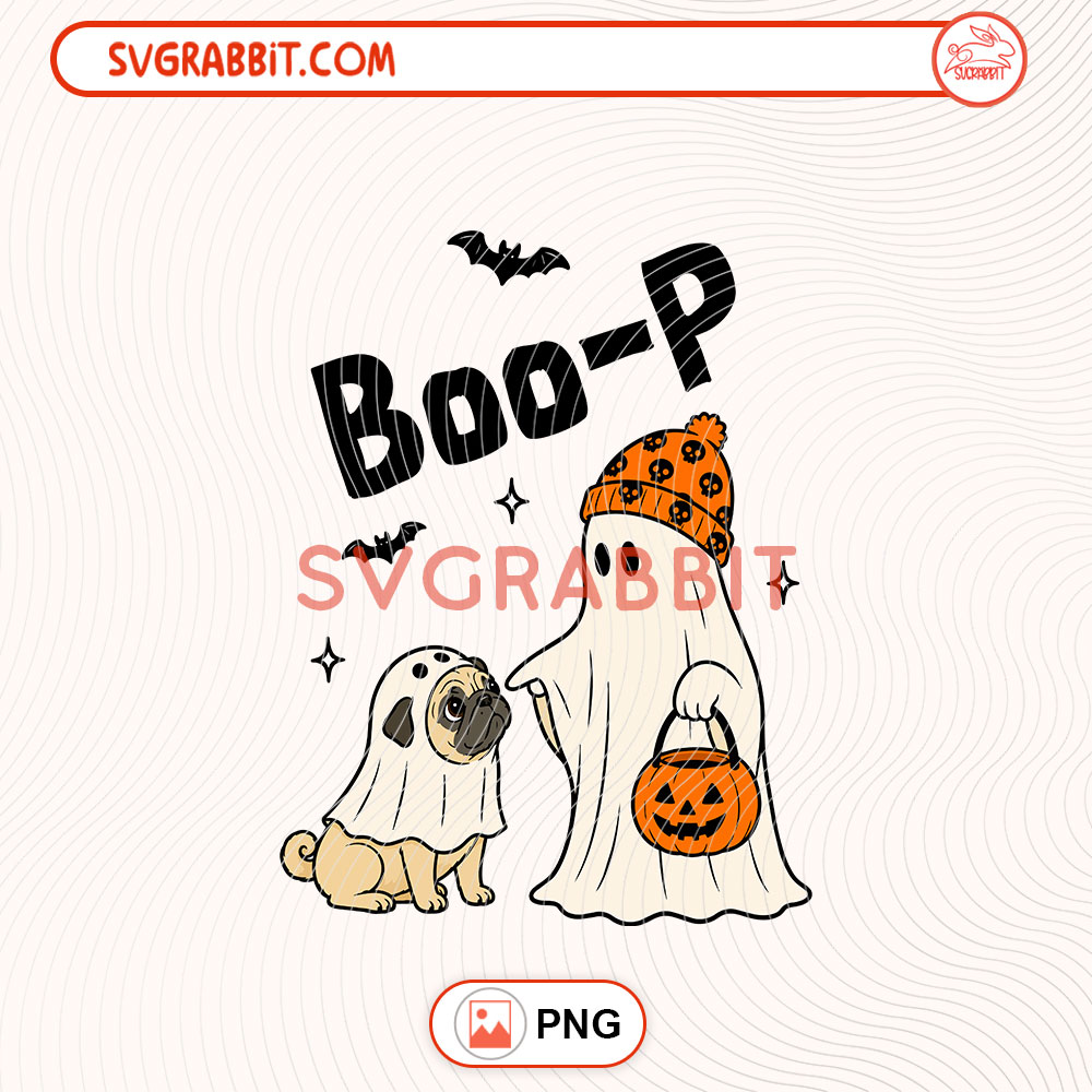 Boo-P Ghost Pug PNG Boo-P Halloween Dog PNG Halloween PNG 300 DPI transparent background for shirts mugs tumblers stickers decals Halloween gifts and Pug lover crafts
