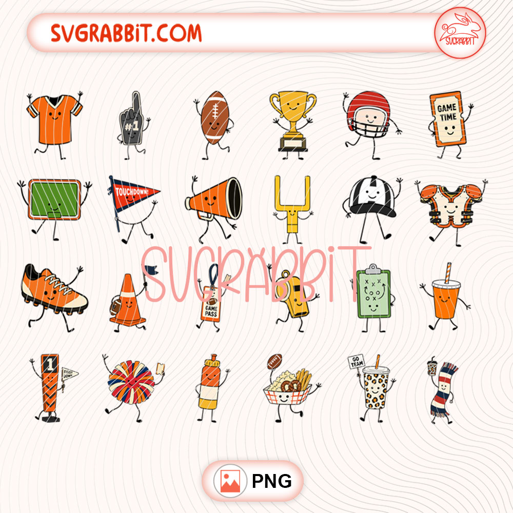 Football Kawaii Doodles Game Day Bundle PNG Football PNG 300 DPI transparent background for shirts mugs tumblers stickers decals football crafts and game day gifts