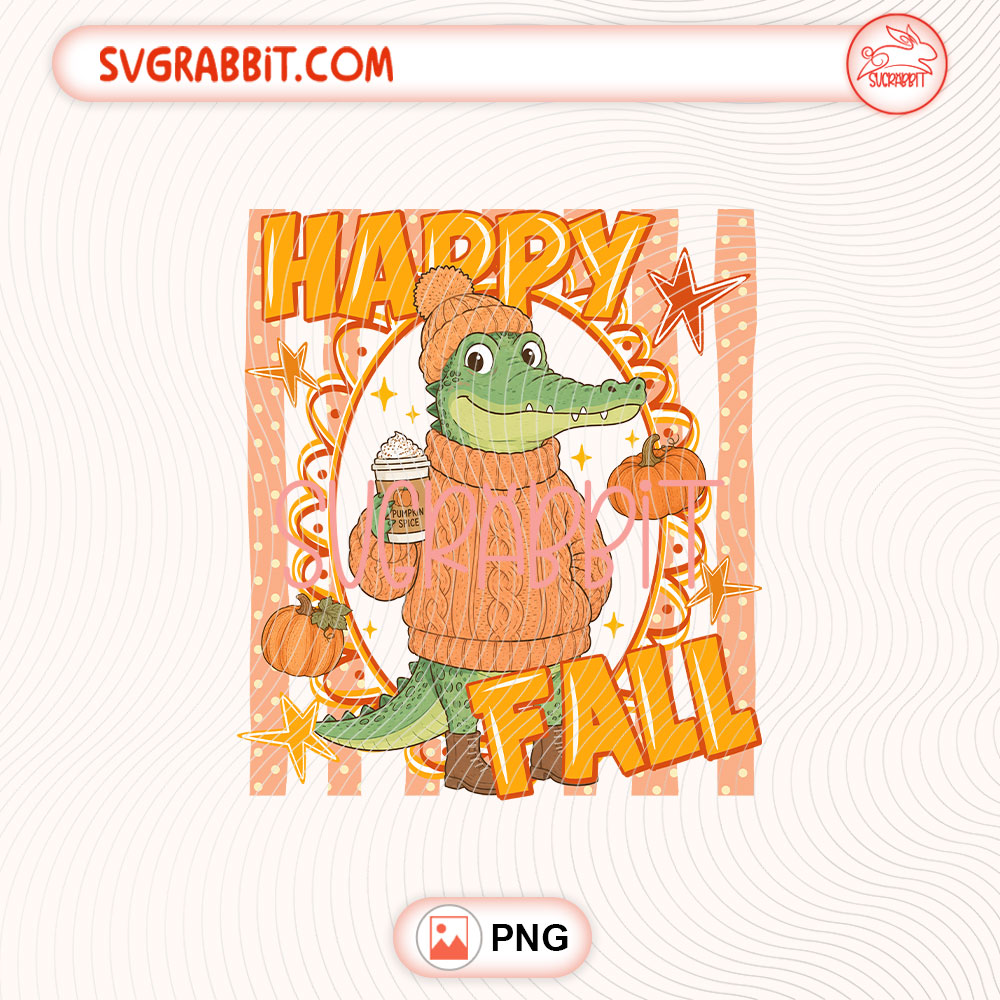 Happy Fall Crocodile Autumn PNG Autumn Crocodile PNG 300 DPI transparent background for shirts mugs tumblers stickers decals fall crafts and animal lover gifts
