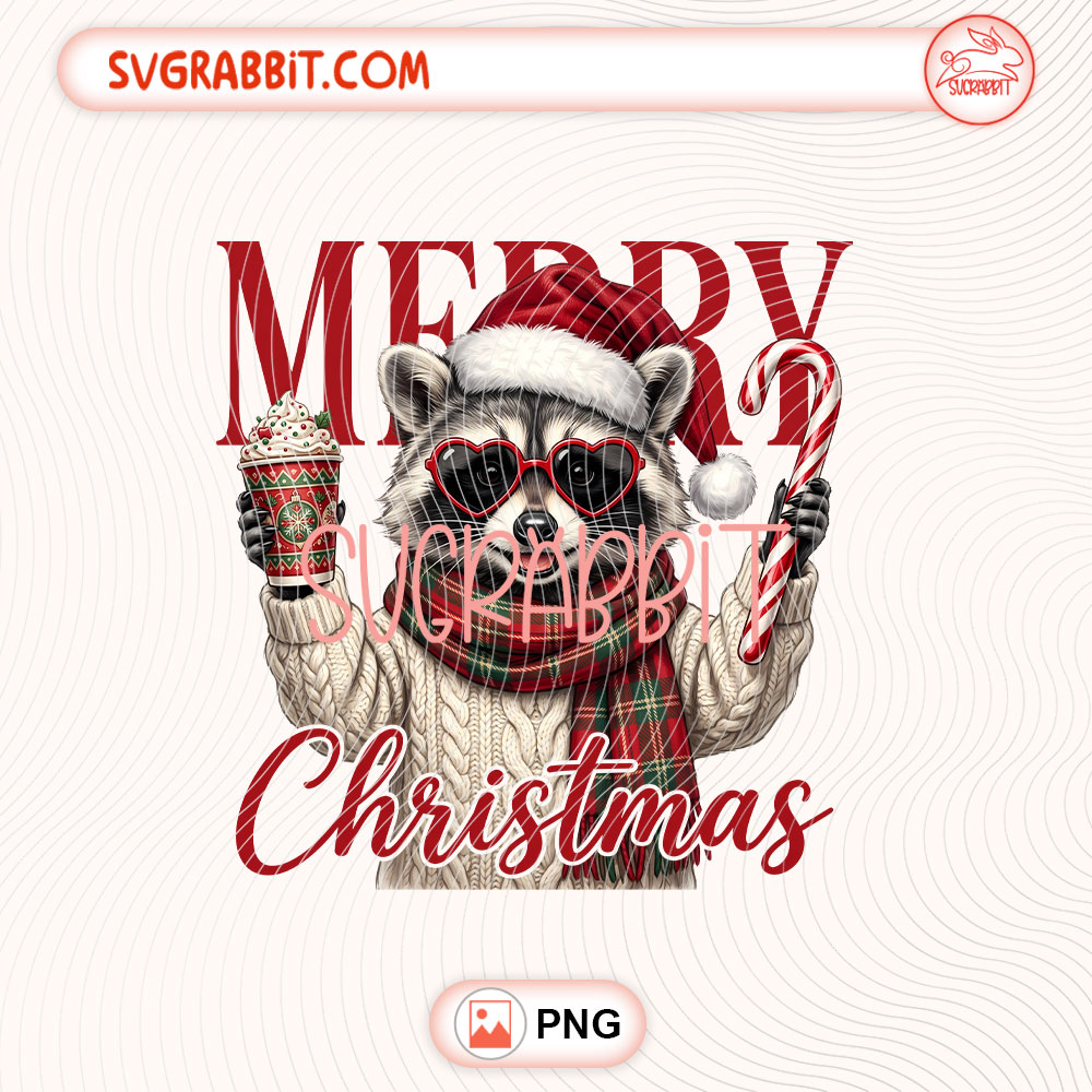Merry Christmas Raccoon PNG Funny Raccoon Christmas PNG 300 DPI transparent background for shirts mugs tumblers stickers decals Christmas gifts and raccoon lover crafts