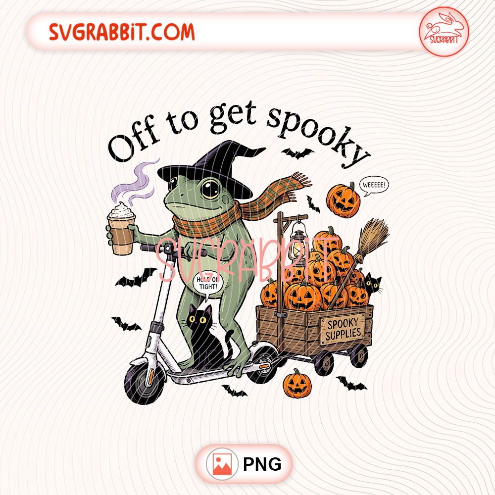 Off to Get Spooky Halloween Frog PNG Halloween Frog PNG 300 DPI transparent background for shirts mugs tumblers stickers decals frog lover gifts and Halloween crafts