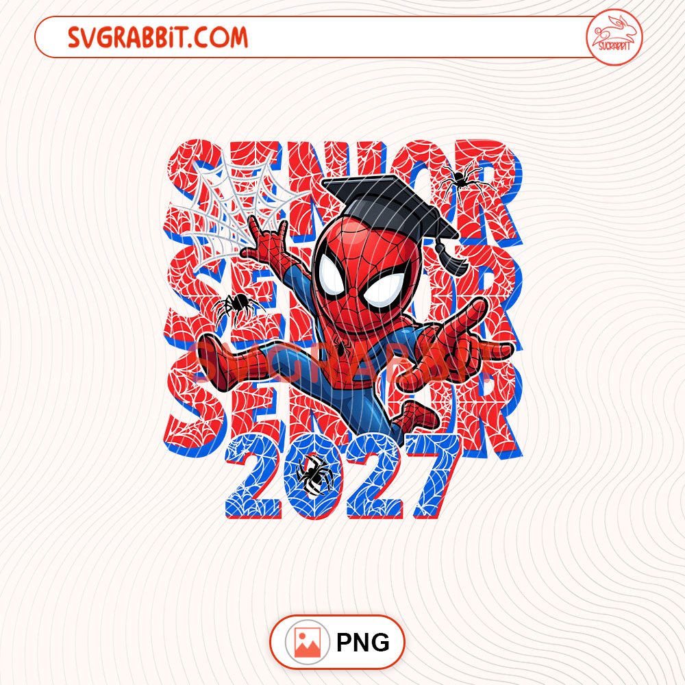 Senior Spiderman 2027 School PNG Class of 2027 Superhero PNG 300 DPI transparent background for senior shirts mugs tumblers stickers decals graduation gifts and school crafts