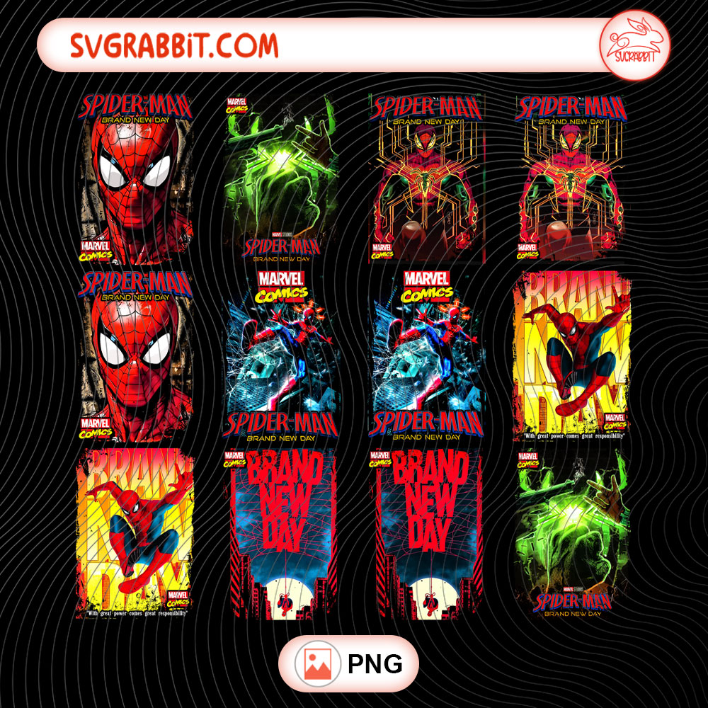 Vintage Spiderman Brand New Day Halftone PNG Bundle 300 DPI transparent background for shirts mugs tumblers stickers decals comic crafts and movie fan gifts