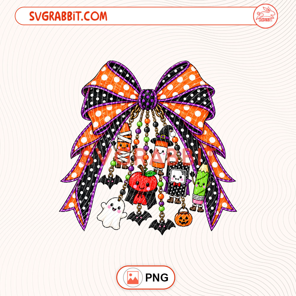 Coquette Bow Halloween Teacher PNG Halloween Bow PNG for teacher shirts mugs tumblers stickers sublimation classroom gifts and Halloween crafts