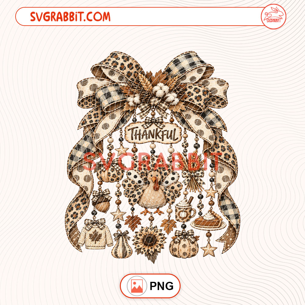 Coquette Bow Leopard Thankful Turkey Thanksgiving PNG for shirts mugs tumblers stickers sublimation family gifts and fall crafts