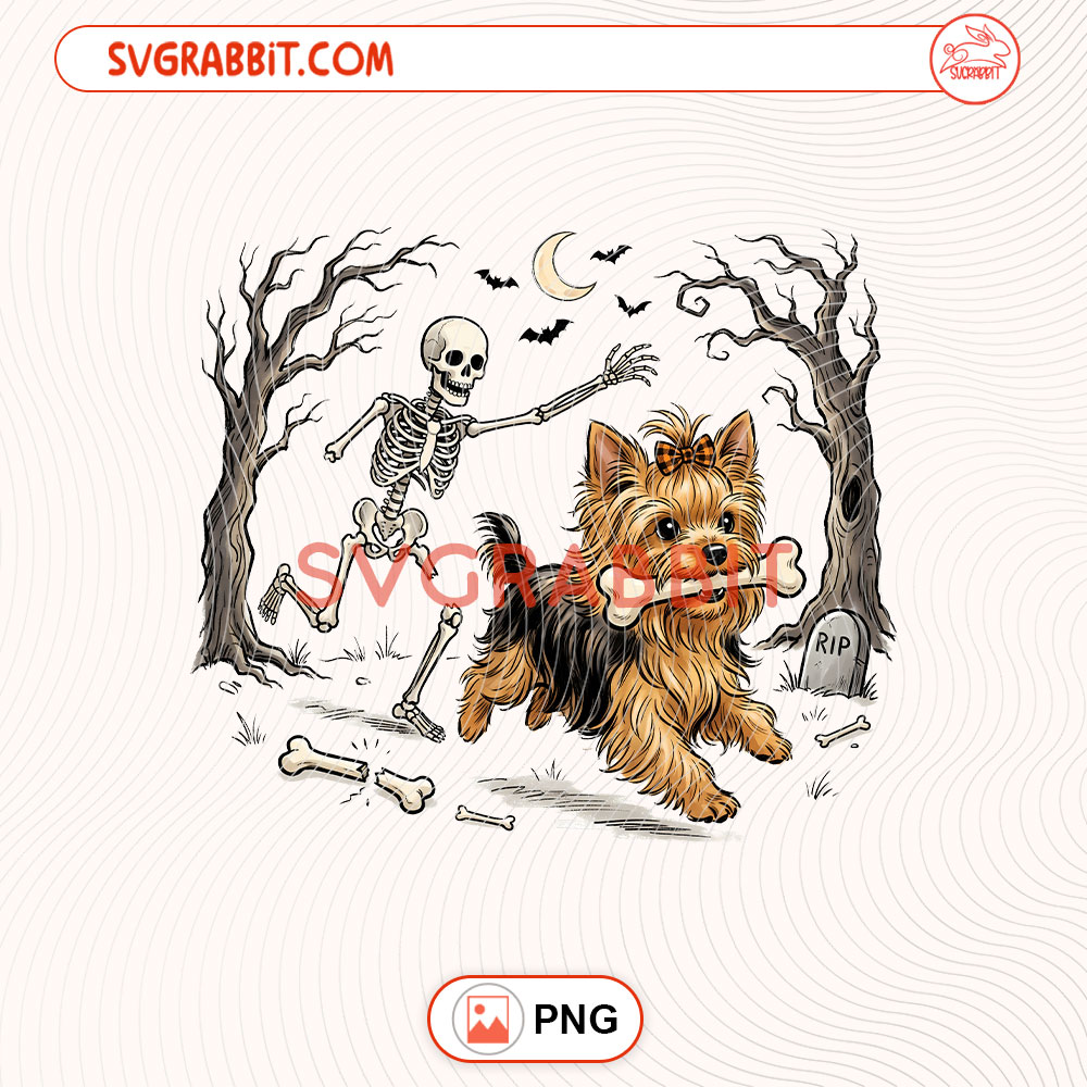 Funny Halloween Skeleton Yorkie Dog PNG Halloween Dog PNG 300 DPI transparent background for shirts mugs tumblers stickers decals dog lover gifts and spooky crafts