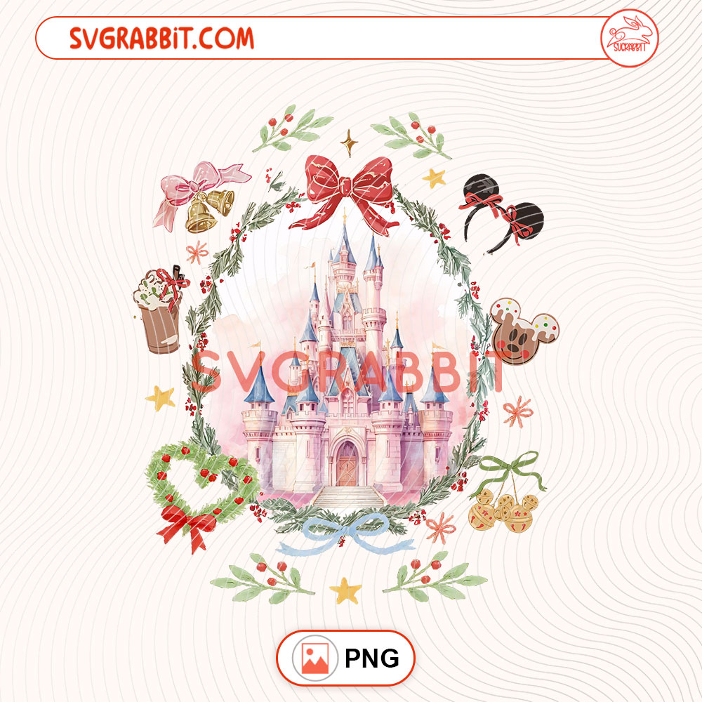 Retro Coquette Bow Disney Castle Christmas PNG Christmas PNG digital download for sublimation Christmas shirts mugs tumblers stickers decals and holiday crafts