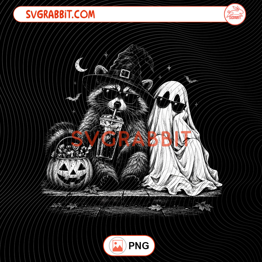 Retro Halloween Raccoon Ghost Coffee PNG Halloween Ghost PNG 300 DPI transparent background for shirts mugs tumblers stickers decals coffee lover gifts and spooky crafts