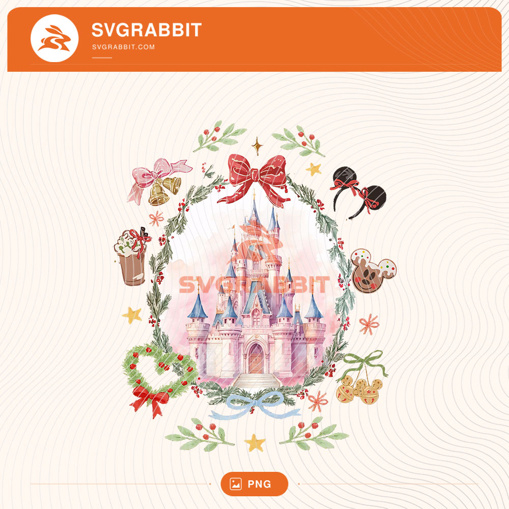 Retro Coquette Bow Disney Castle Christmas PNG for Christmas shirts mugs tumblers stickers sublimation holiday gifts family trips and magical crafts